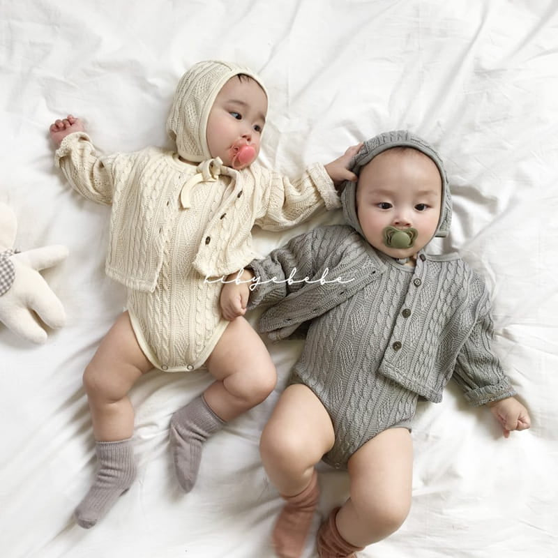 Twist knit cardigan, romper & bonnet set